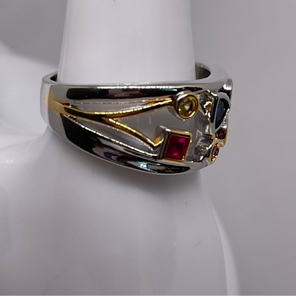 Elegant Multi-color Stone Silver and Gold Ring - Picture 10 of 13